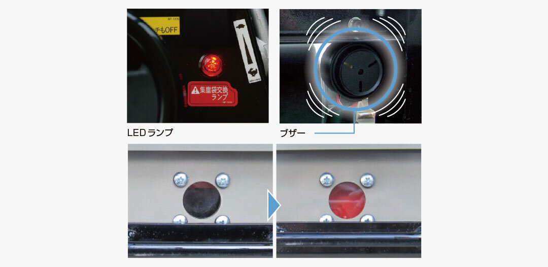 ダストケースが満タン時にはLEDランプなどで警告